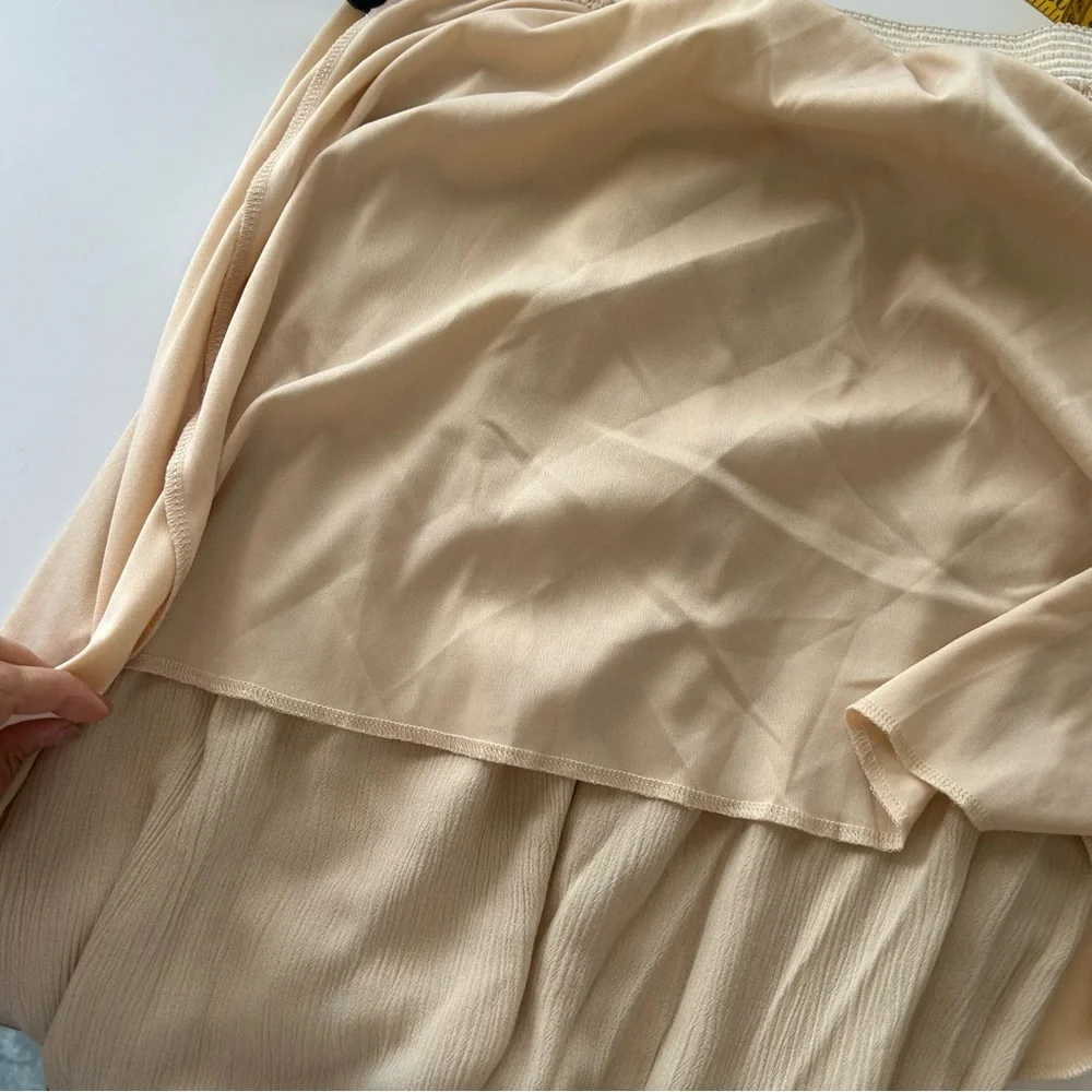 Vintage Active Boho Crinkled Maxi Skirt Crochet Knit Waistband Beige Tan Large - Picture 8 of 10
